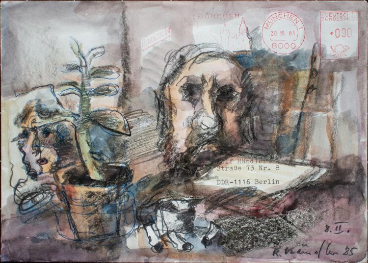 Rolf Händler - Porträt mit Stillleben - aquarellierte Zeichnung - 1985