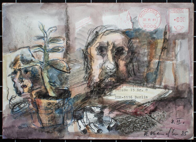Rolf Händler - Porträt mit Stillleben - aquarellierte Zeichnung - 1985