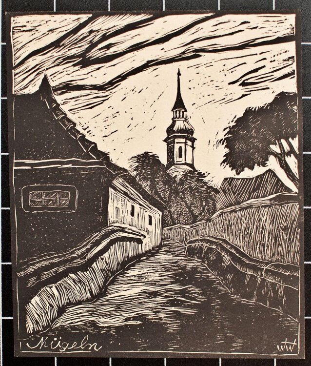 Unbekannt - Dorfansicht mit Kirche Mügeln Sachsen - Holzschnitt - o.J.