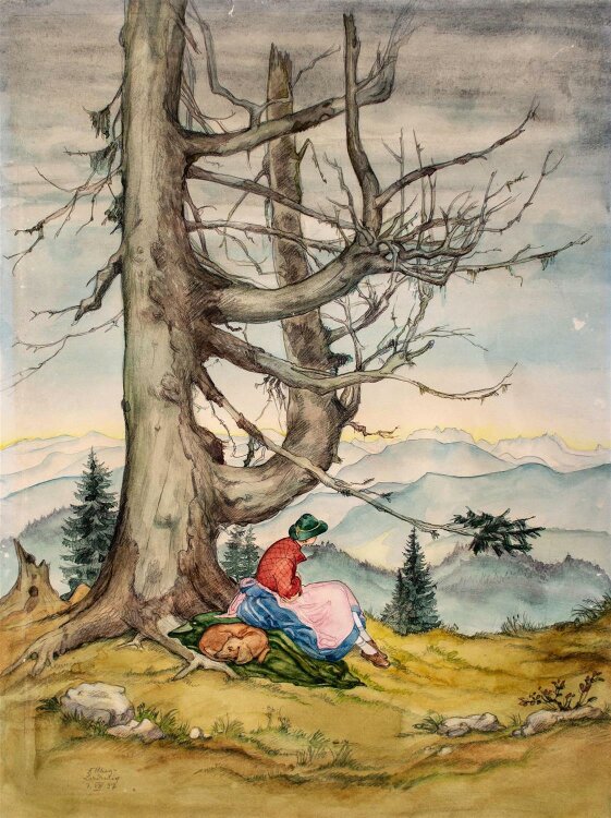 Frieda Ladwig - Frau im Gebirge - Aquarell - 1937