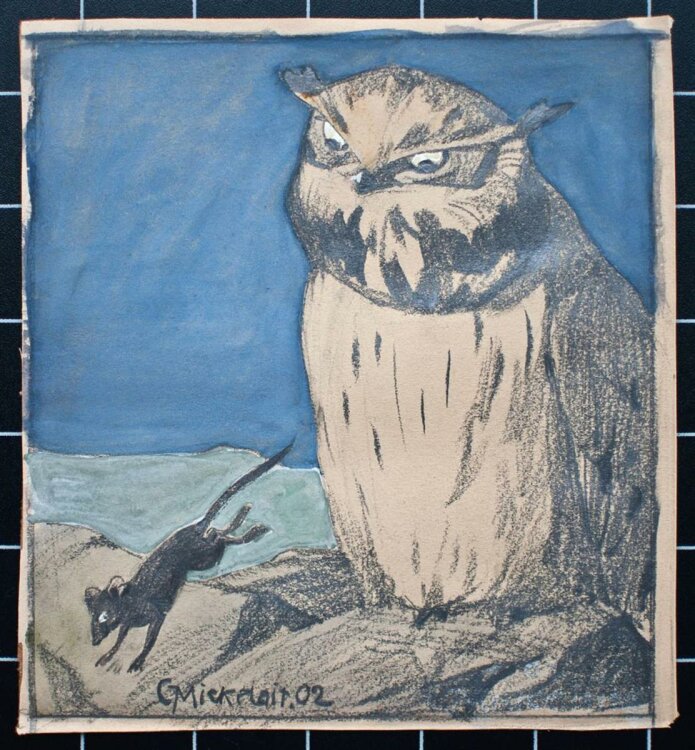 Carl Mickelait - Eule und Maus - Mischtechnik auf Papier - 1902