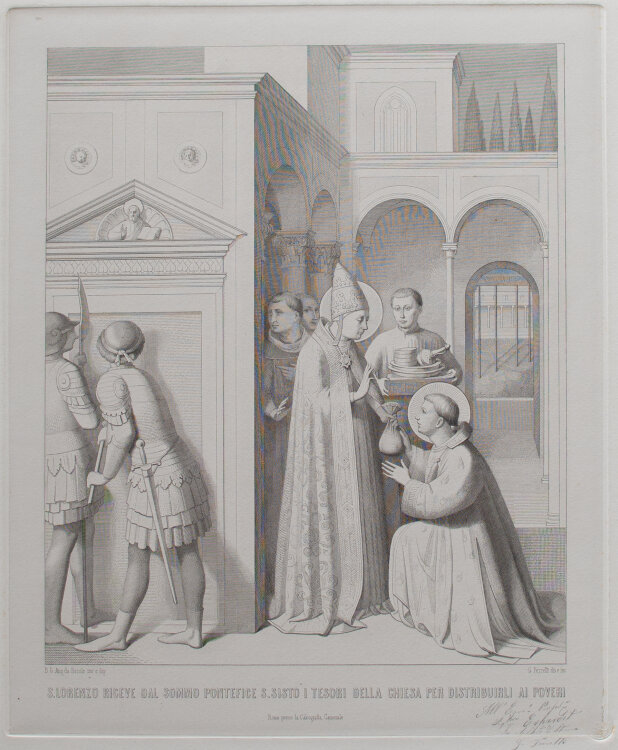 Giovanni Domenico Ferretti - Der heilige Laurentius in drei Abbildungen. 1. Der heilige Laurentius erhält die Schätze der Kirche von Papst Sixtus II; 2. Der heilige Laurentius gibt den Armen Almosen; 3. Der heilige Stephanus führte zum Martyrium. - um 173