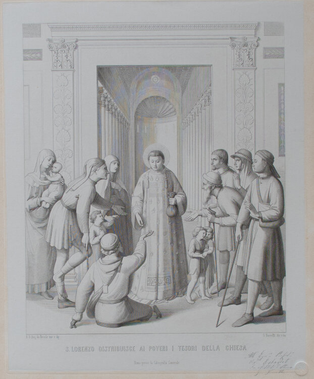 Giovanni Domenico Ferretti - Der heilige Laurentius in drei Abbildungen. 1. Der heilige Laurentius erhält die Schätze der Kirche von Papst Sixtus II; 2. Der heilige Laurentius gibt den Armen Almosen; 3. Der heilige Stephanus führte zum Martyrium. - um 173