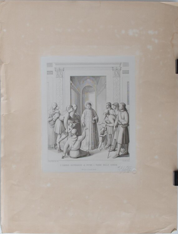 Giovanni Domenico Ferretti - Der heilige Laurentius in drei Abbildungen. 1. Der heilige Laurentius erhält die Schätze der Kirche von Papst Sixtus II; 2. Der heilige Laurentius gibt den Armen Almosen; 3. Der heilige Stephanus führte zum Martyrium. - um 173