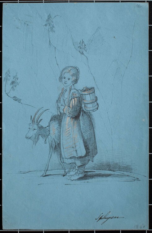 Unbekannter Künstler - Mädchen mit Ziege - Bleistiftzeichnung - 1840