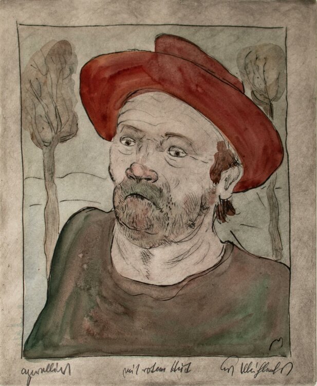 Kurt Mühlenhaupt - Selbstporträt mit rotem Hut - 1988 - Radierung