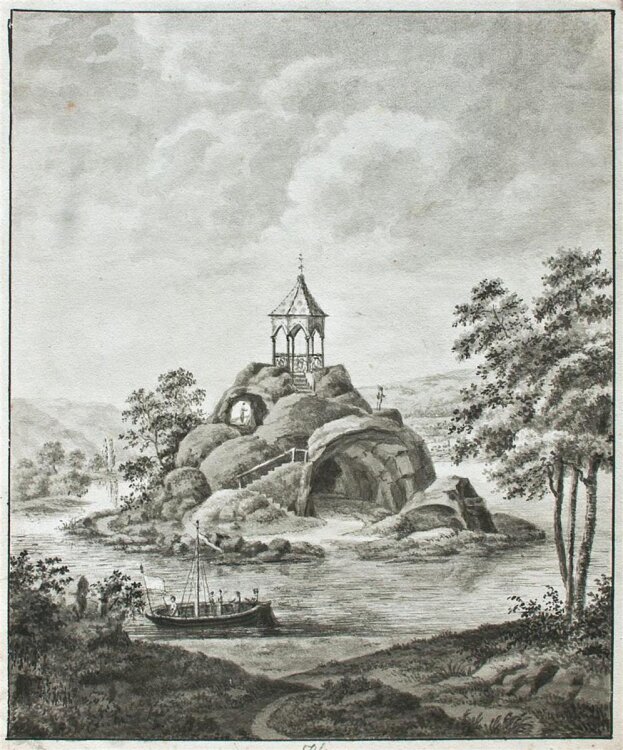 Insel Pavillon Felsen Tuschezeichnung Idylle See um 1800