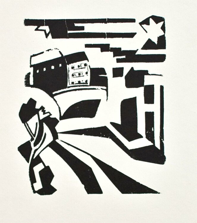 Hannah Höch - Abstrahierte Stadtansicht mit Passant - 1970er (nach 1913) - Linolschnitt