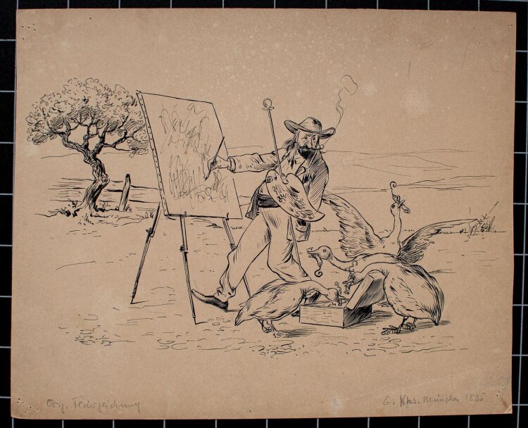 Unbekannt - Zwei Karikaturen - Maler und Gänse - Tuschezeichnung - um 1900