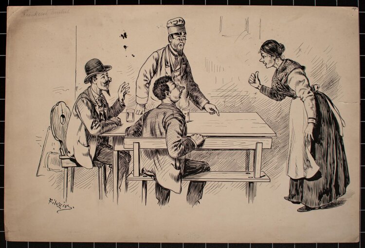 L. Filuzius - Unterhaltung am Tisch (Karikatur) - Tuschezeichnung - o.J.