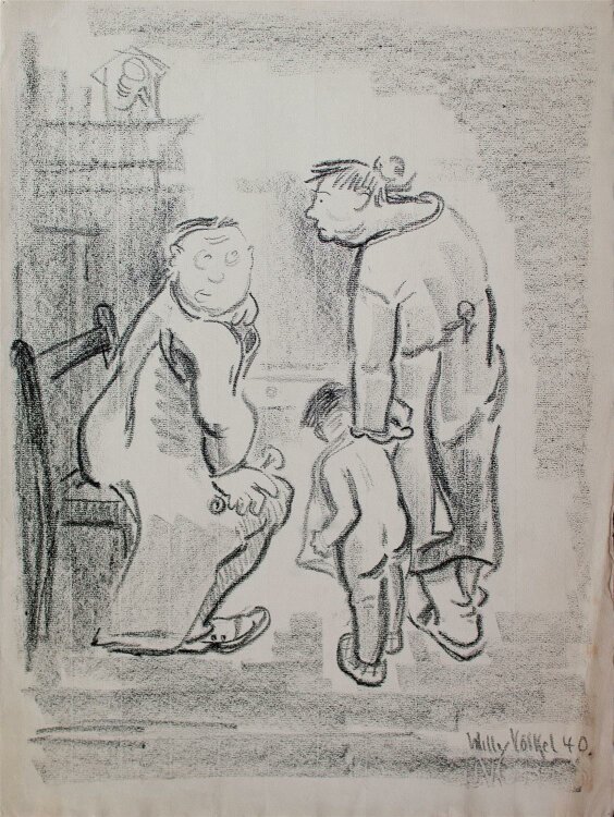 Willy Völkel - Paar im Gespräch, Humoristische Darstellung - Kohle - 1940