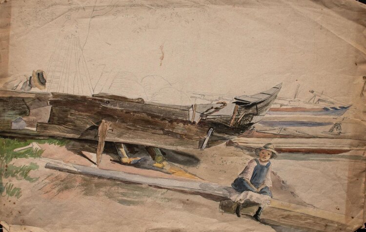 Hesse - Kind zwischen Booten am Bodensee - Aquarell - o.J.