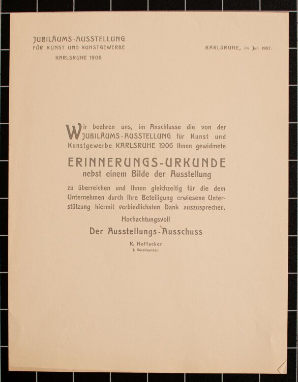Erinnerungsurkunden Marie u Georg Hesse - Jubiläumsausstellung Karlsruhe  - 1906