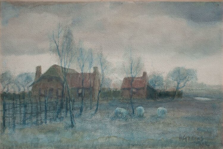 Unbekannter Künstler - Landschaft mit Schafen - Aquarell - 1912