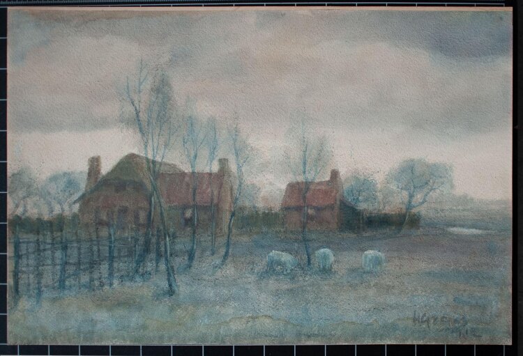 Unbekannter Künstler - Landschaft mit Schafen - Aquarell - 1912