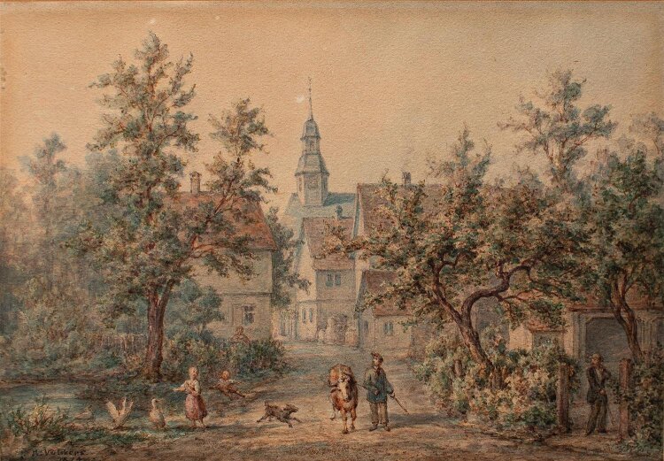 Hermann Völckers - Dorflandschaft mit Figurenstaffage - Aquarell - o. J.