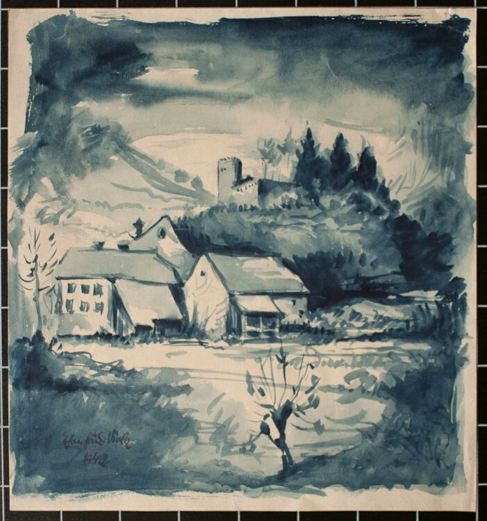 Viola Ehrenfried - Landschaft mit Burg - Aquarell - 1942