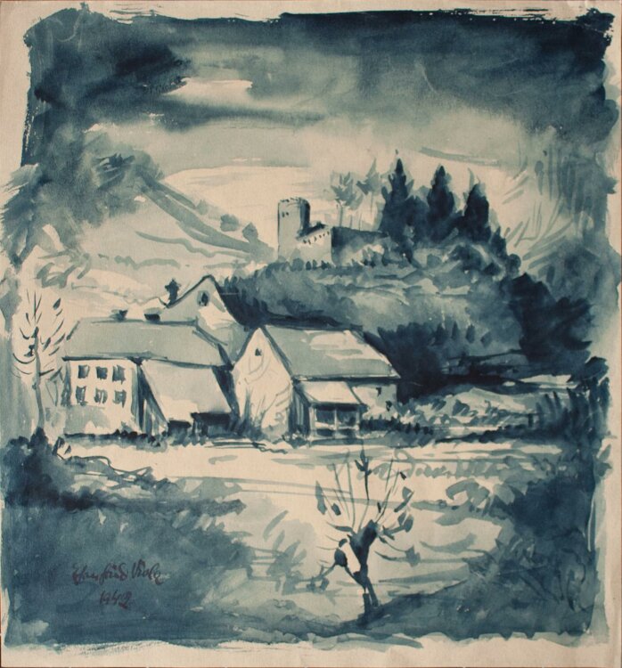 Viola Ehrenfried - Landschaft mit Burg - Aquarell - 1942