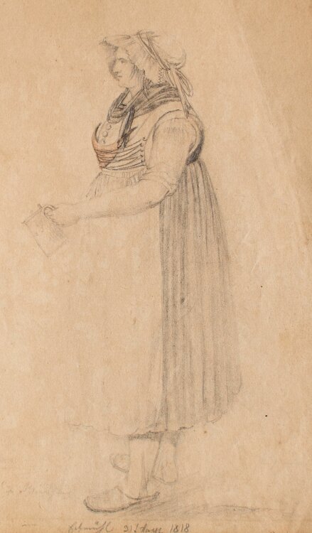 Unbekannt - Frau in Tracht mit Bierkrug - Zeichnung - 1818