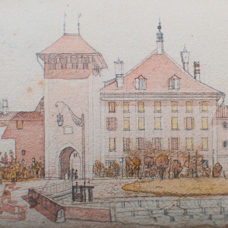 Emanuel Labhardt - Historische Ansicht Unteres Tor in Winterthur (Schweiz) - o.J. - Aquarell, Bleistift
