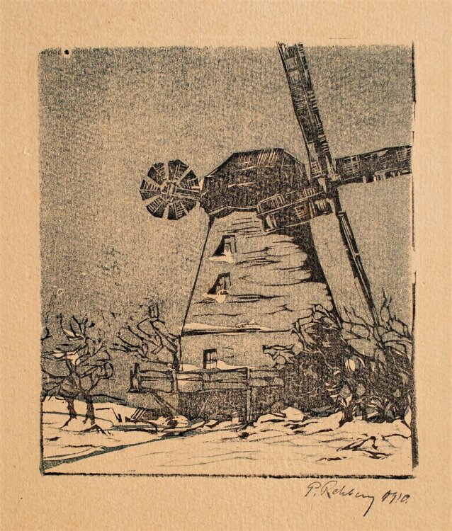 P. Rehberg - Windmühle - Farbholzschnitt - 1910