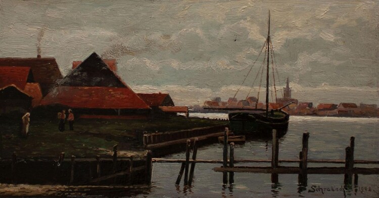 Schrabach - Küstenort - 1908 - Öl auf Schiefer