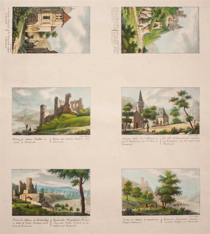 Pierre Langlumé - 6 Ansichten von Bacharach - colorierte Lithographie - o. J.