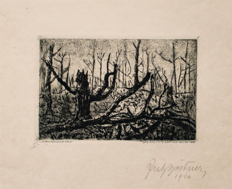 Fritz Gärtner - Zerschossener Wald - Radierung - 1916