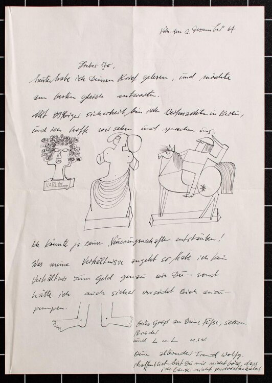 Unbekannt - Brief mit Skulpturenskizzen - Tuschezeichnung - 1964