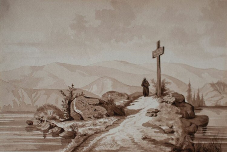 A. Peters - Gebirgslandschaft mit Mönch - lavierte Tuschezeichnung - 1863