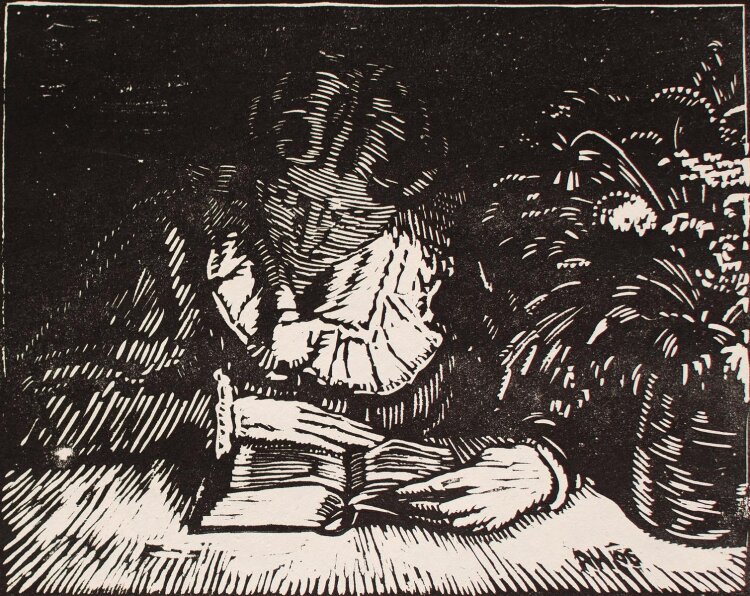 Albert Haueisen - lesende Dame - Holzschnitt - 1906