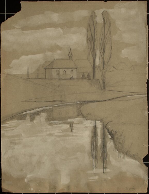 unbekannter Künstler - Flusslandschaft mit Pappeln und Dorfansicht - Zeichnung/M