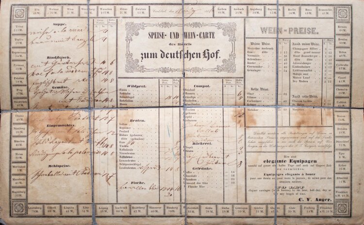 Hotel zum deutschen Hof / Carlsbad - Menü - Menükarte - 18.7.1846