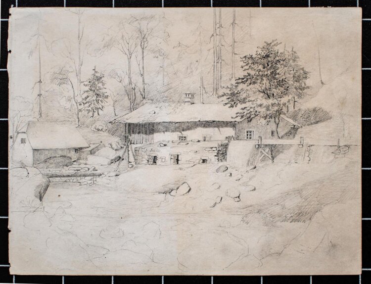 Unbekannt - Hütte im Wald - Bleistiftzeichnung - o. J.