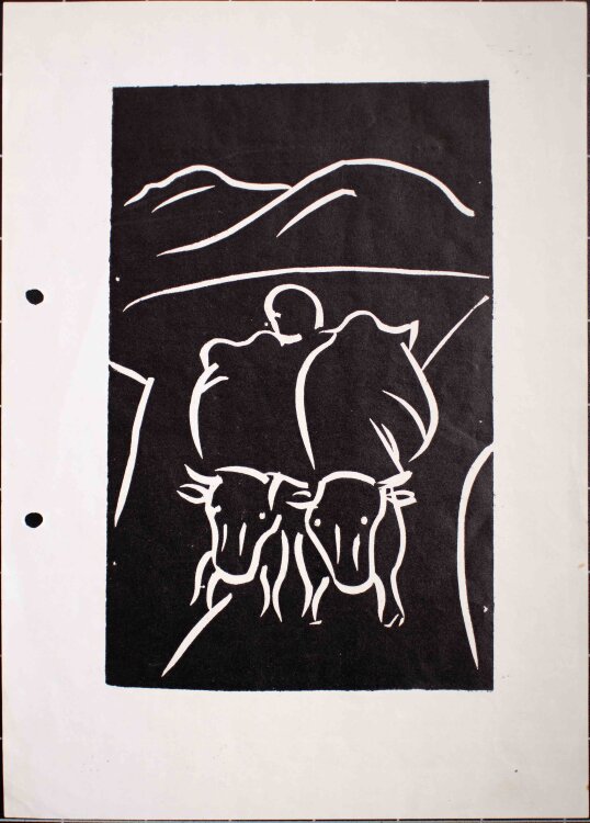 Albert Schneller - Kuhgespann - Linolschnitt - 1966