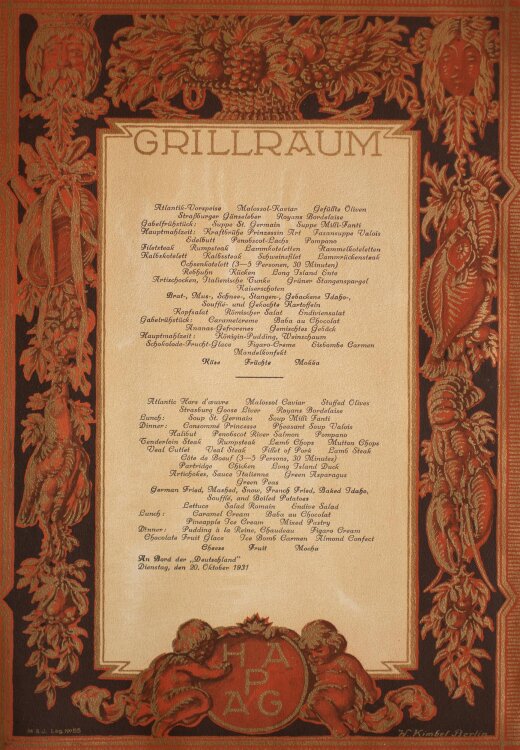 HAPAG Deutschland (IV) - Bordessen - Menükarte - 20.10.1931