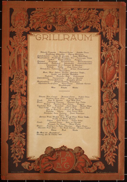 HAPAG Deutschland (IV) - Bordessen - Menükarte - 20.10.1931