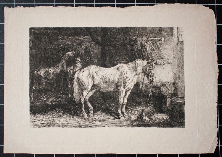 Ludwig Hartmann - Pferde im Stall - Radierung - 1875