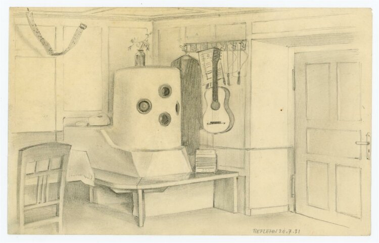 Uli Huber - Küchenansicht mit Ofen - Zeichnung - 1931