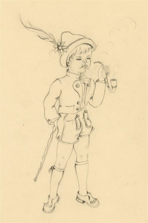 Witt Pfeiffer - Junge mit Stock und Pfeiffe - Bleistiftzeichnung - o.J.