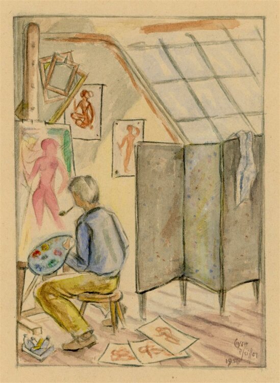 Witt Pfeiffer - Atelieransicht - Aquarell - 1956