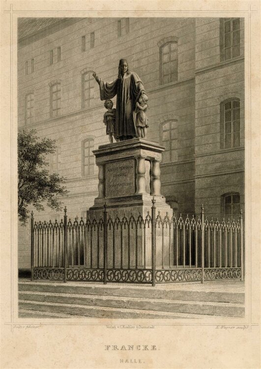 E. Wagner - Francke Statue in Halle - Stahlstich - o.J.