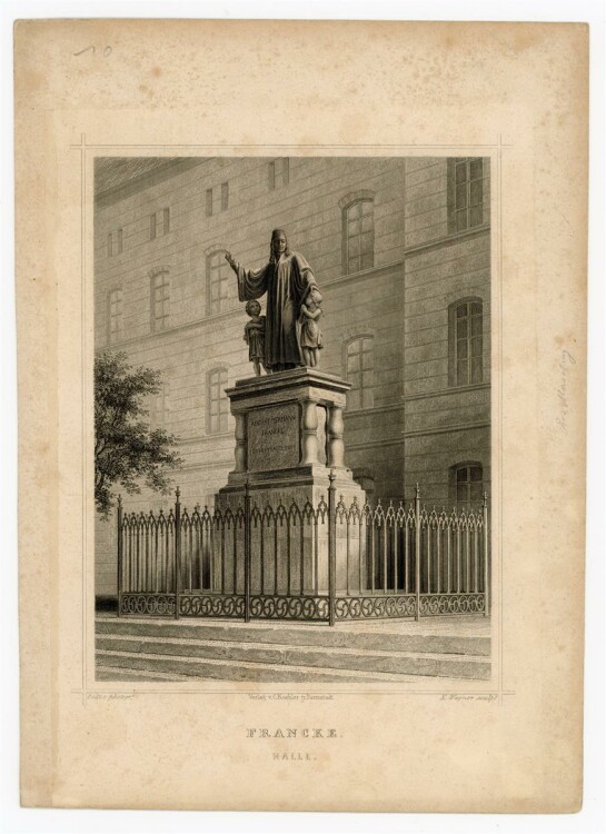 E. Wagner - Francke Statue in Halle - Stahlstich - o.J.