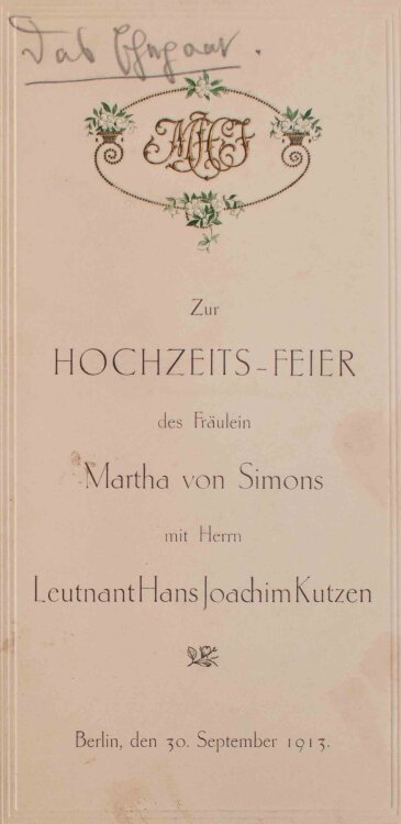 Hochzeit von Simon und Kutzen (Berlin) - Hochzeitsmenü - Menükarte - 30.09.1913