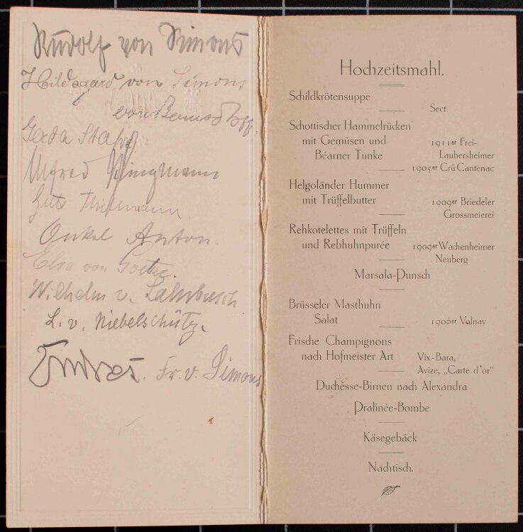 Hochzeit von Simon und Kutzen (Berlin) - Hochzeitsmenü - Menükarte - 30.09.1913