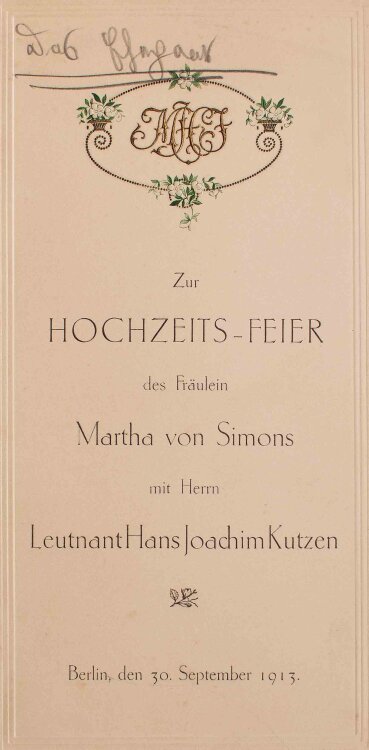 Hochzeit von Simon und Kutzen (Berlin) - Hochzeitsmenü - Menükarte - 30.09.1913