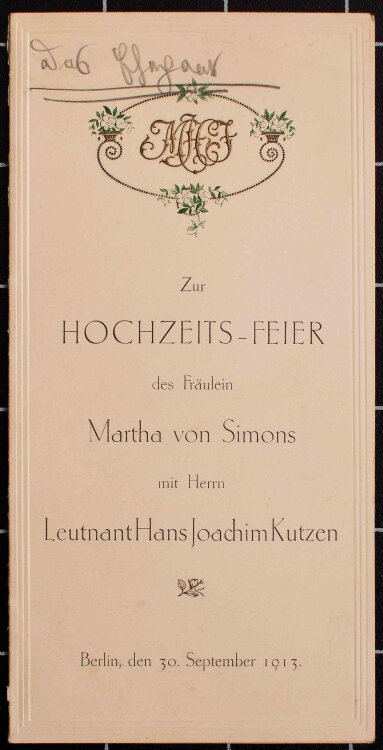 Hochzeit von Simon und Kutzen (Berlin) - Hochzeitsmenü - Menükarte - 30.09.1913