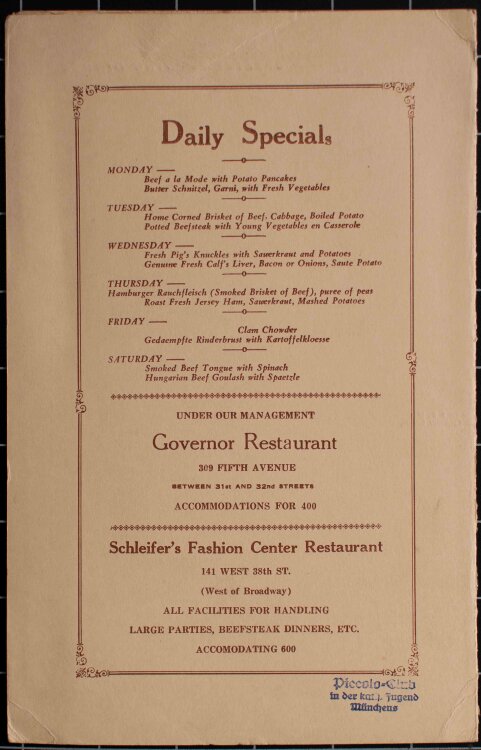 Old Crow (New York) - Restaurantkarte - Menükarte