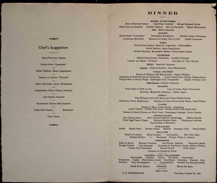 SS Washington  (United States Lines) - Dinner - Menükarte - 25.10.1934