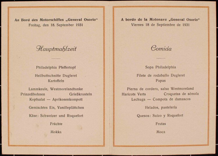 Motorschiff General Osorio (Hapag) - Abendessen - Menükarte - 18.09.1931